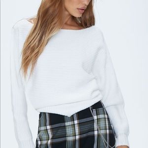 White Ribbed Boatneck Sweater